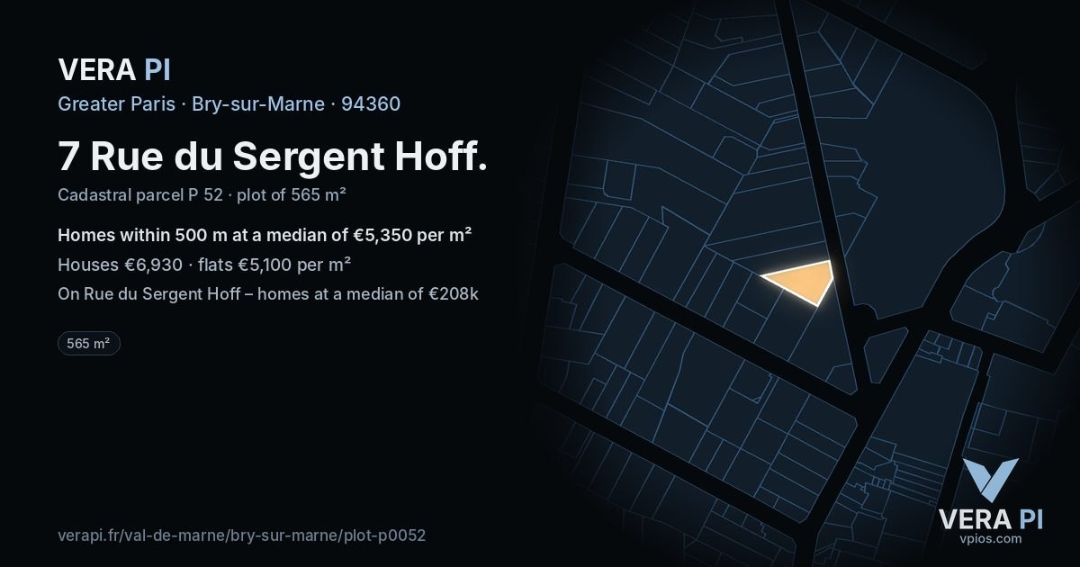 7 Rue du Sergent Hoff, Bry-sur-Marne at night – the plot lit, the parcels around coloured by the prices near them
