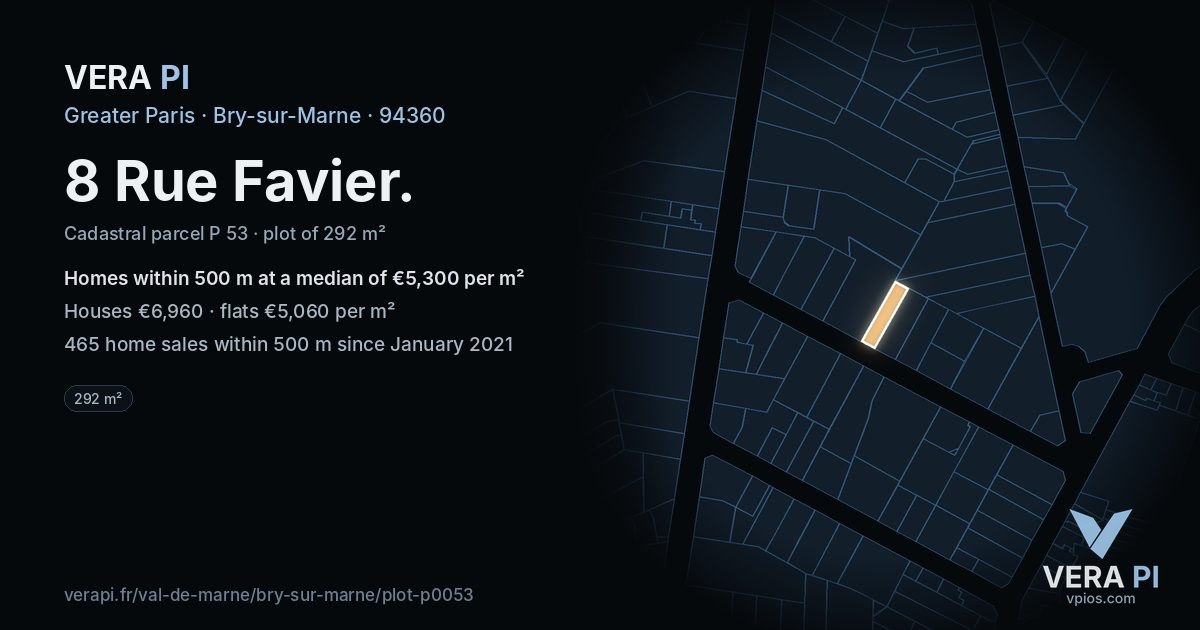 8 Rue Favier, Bry-sur-Marne at night – the plot lit, the parcels around coloured by the prices near them