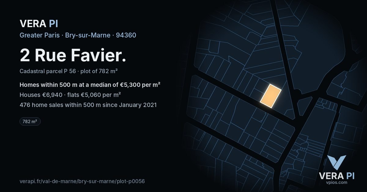 2 Rue Favier, Bry-sur-Marne at night – the plot lit, the parcels around coloured by the prices near them