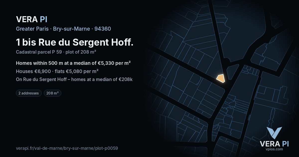1 bis Rue du Sergent Hoff, Bry-sur-Marne at night – the plot lit, the parcels around coloured by the prices near them