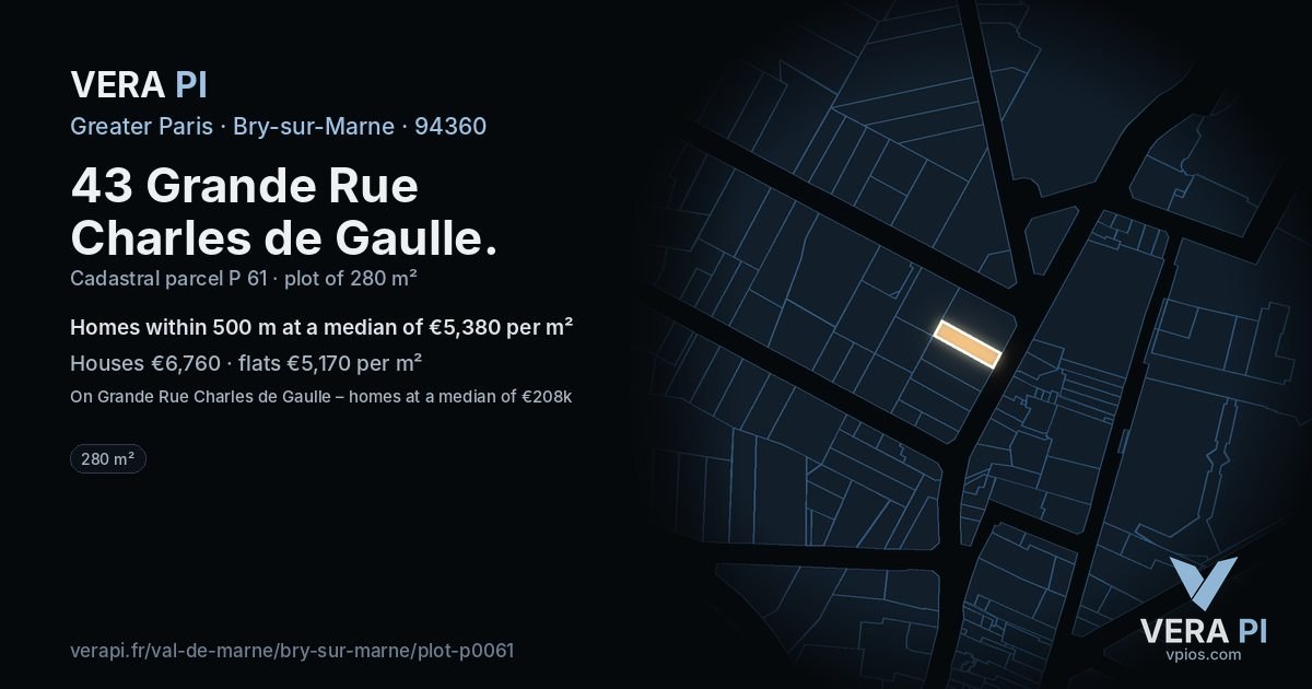 43 Grande Rue Charles de Gaulle, Bry-sur-Marne at night – the plot lit, the parcels around coloured by the prices near them