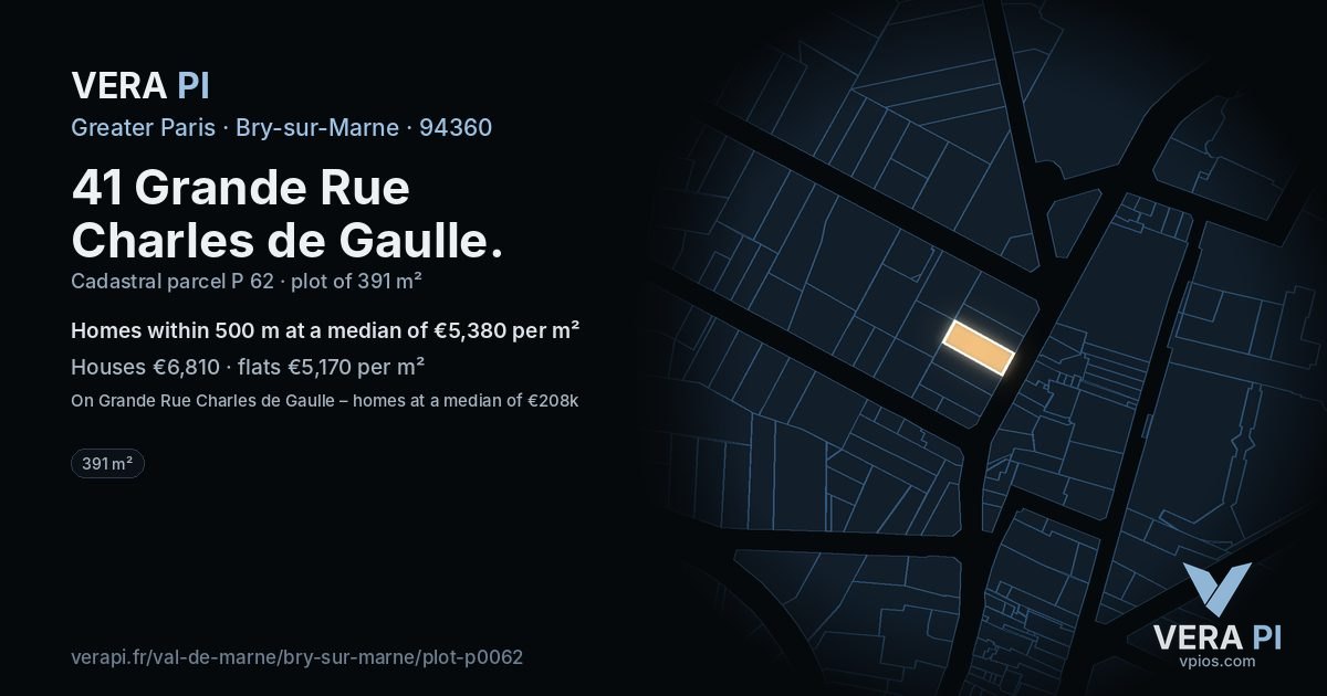 41 Grande Rue Charles de Gaulle, Bry-sur-Marne at night – the plot lit, the parcels around coloured by the prices near them