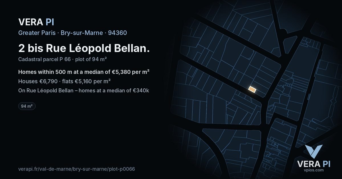 2 bis Rue Léopold Bellan, Bry-sur-Marne at night – the plot lit, the parcels around coloured by the prices near them
