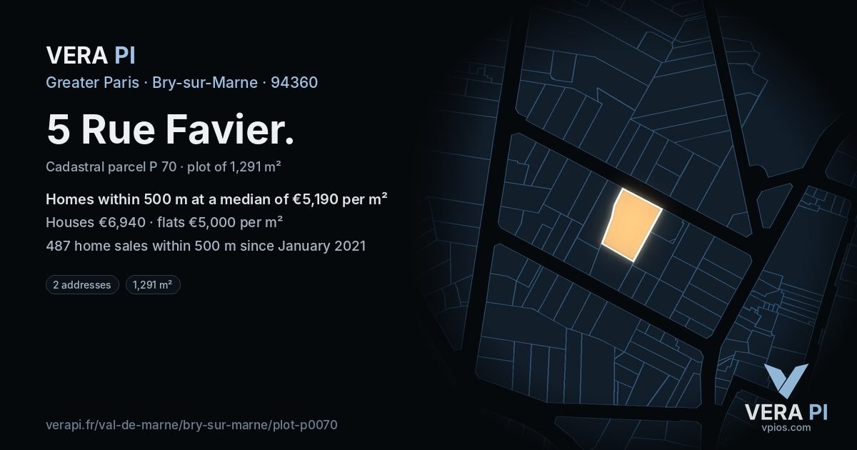 5 Rue Favier, Bry-sur-Marne at night – the plot lit, the parcels around coloured by the prices near them