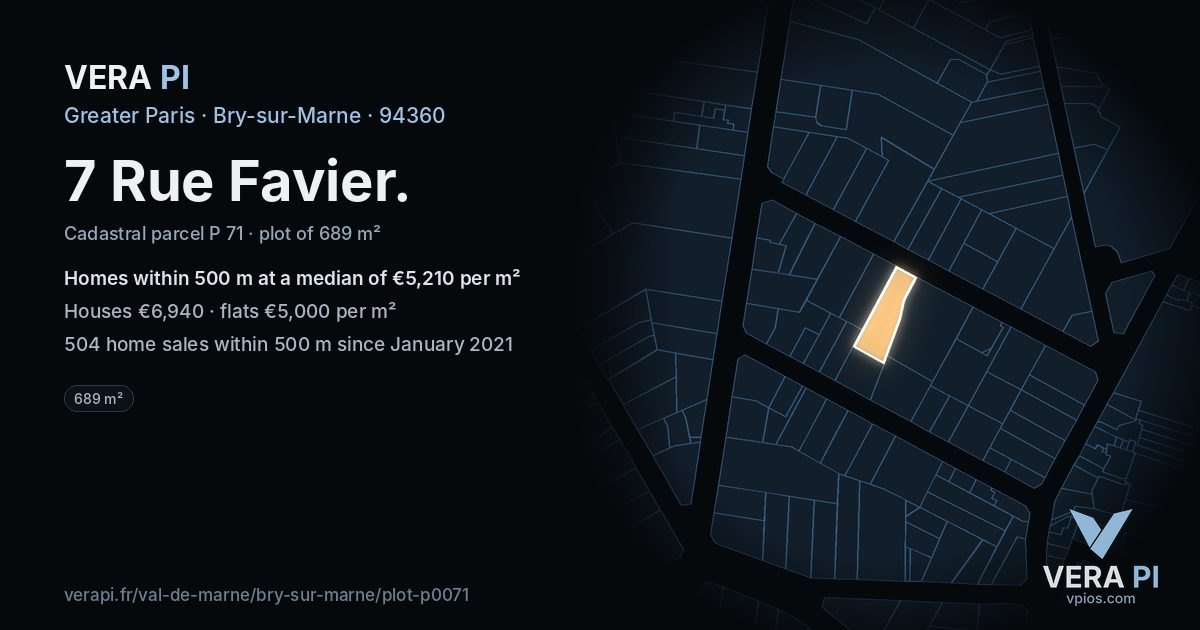 7 Rue Favier, Bry-sur-Marne at night – the plot lit, the parcels around coloured by the prices near them