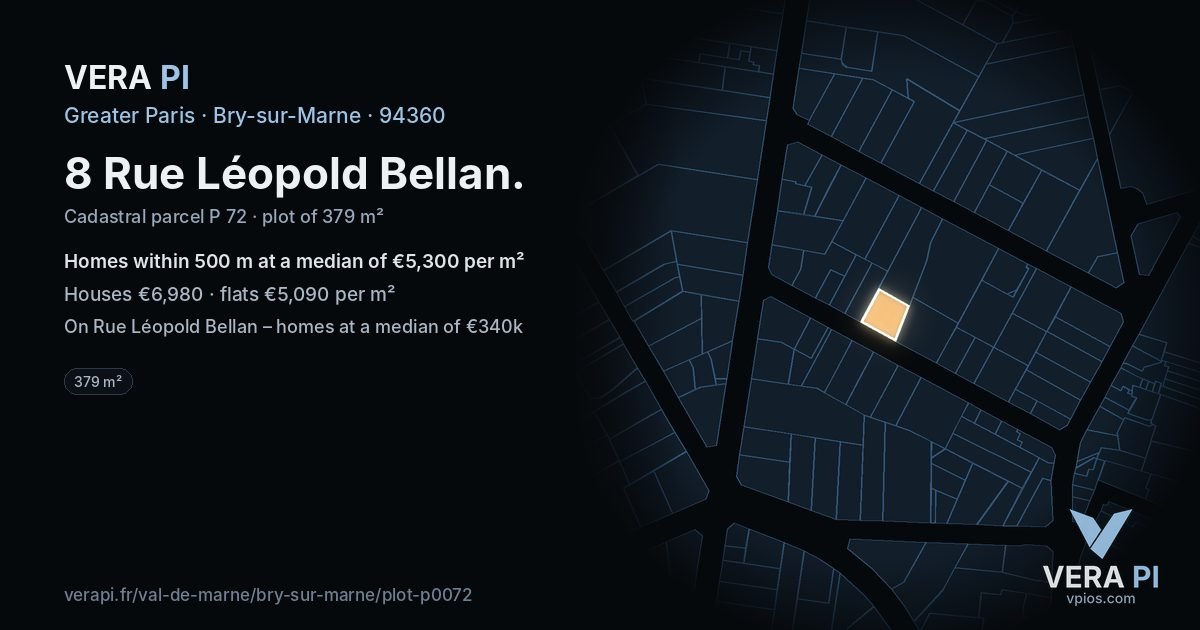 8 Rue Léopold Bellan, Bry-sur-Marne at night – the plot lit, the parcels around coloured by the prices near them