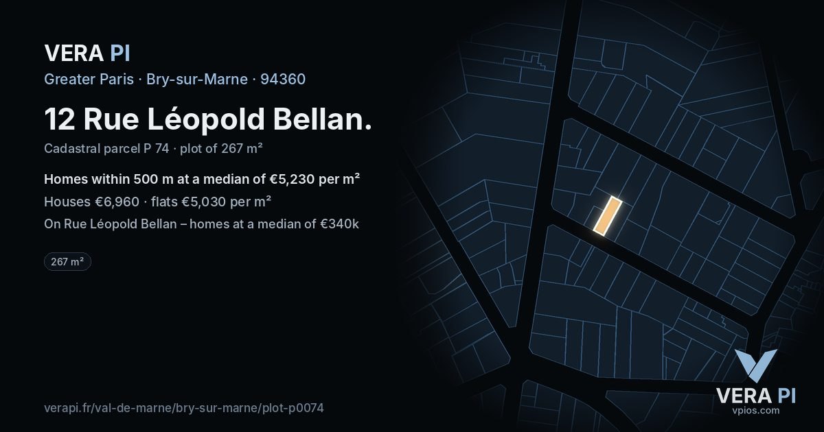 12 Rue Léopold Bellan, Bry-sur-Marne at night – the plot lit, the parcels around coloured by the prices near them