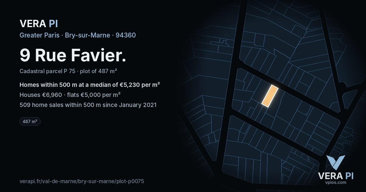 9 Rue Favier, Bry-sur-Marne at night – the plot lit, the parcels around coloured by the prices near them