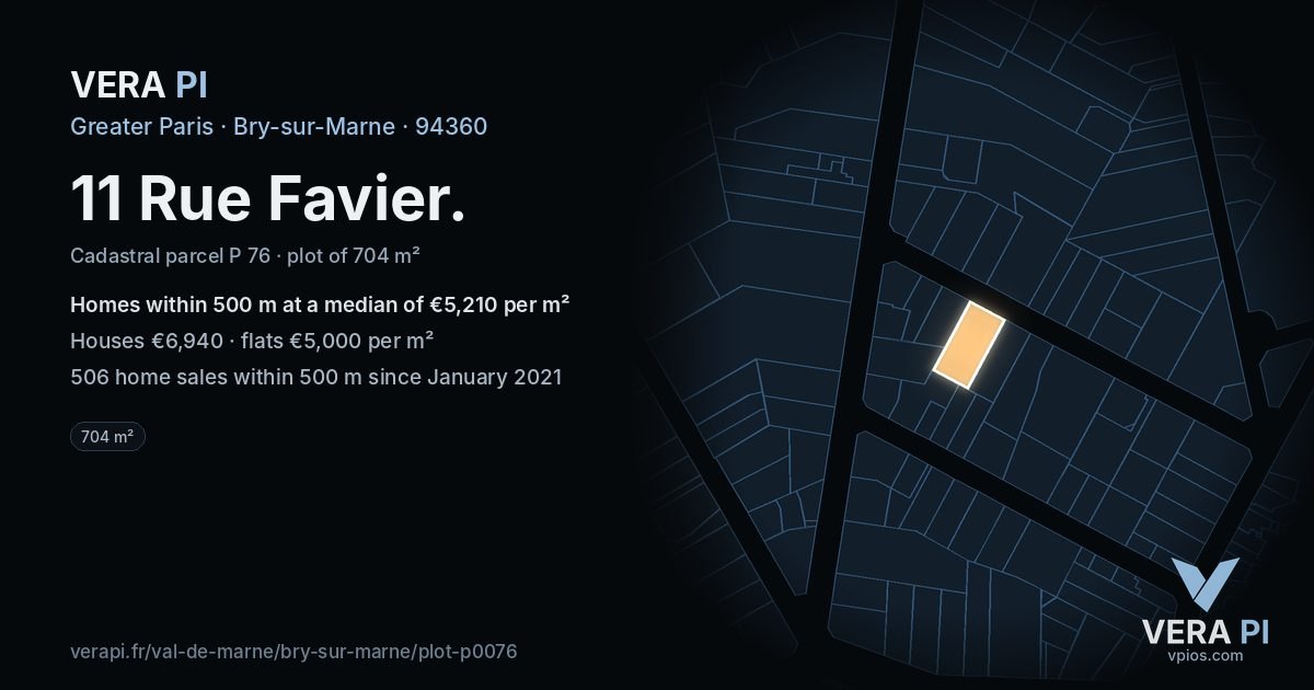 11 Rue Favier, Bry-sur-Marne at night – the plot lit, the parcels around coloured by the prices near them