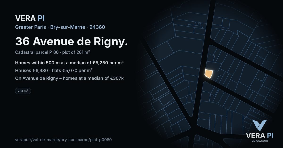 36 Avenue de Rigny, Bry-sur-Marne at night – the plot lit, the parcels around coloured by the prices near them
