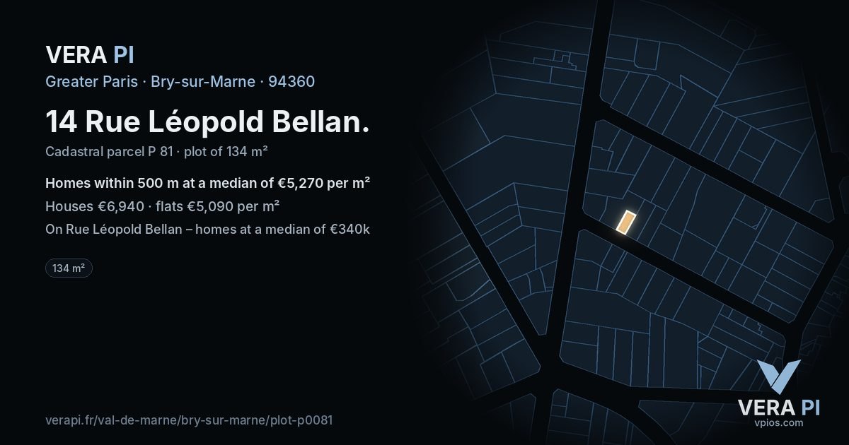14 Rue Léopold Bellan, Bry-sur-Marne at night – the plot lit, the parcels around coloured by the prices near them