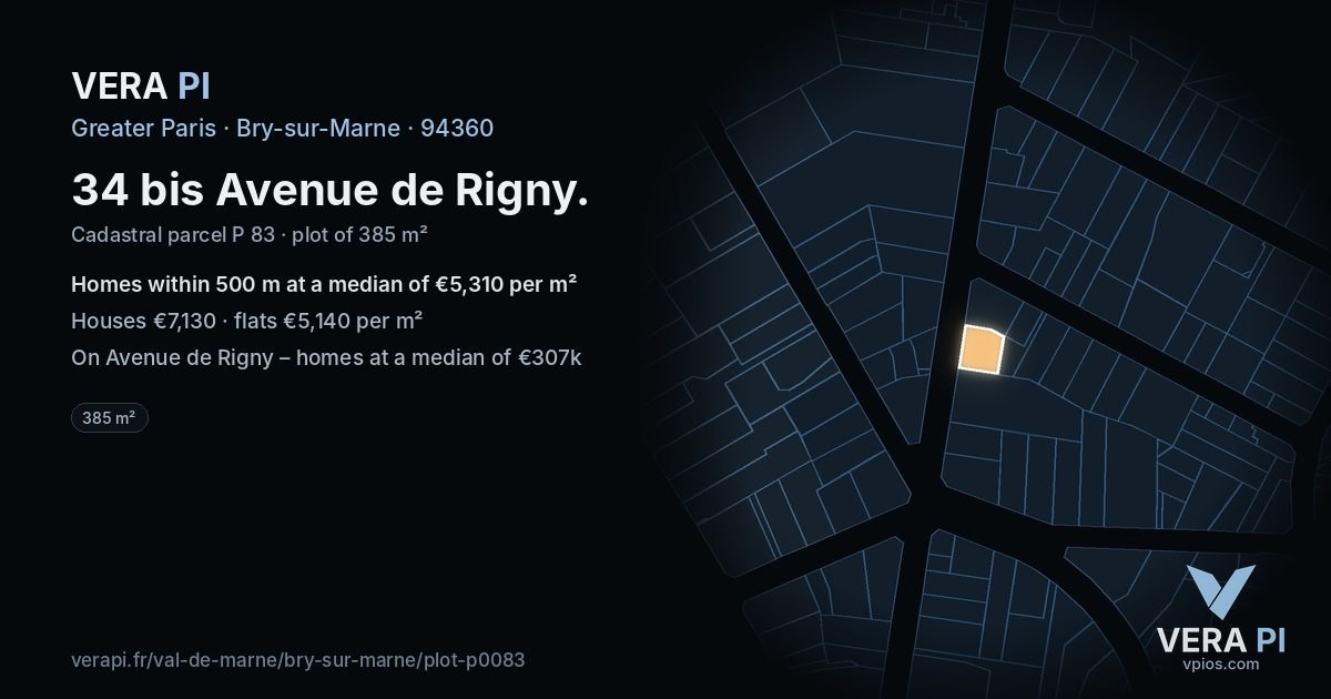 34 bis Avenue de Rigny, Bry-sur-Marne at night – the plot lit, the parcels around coloured by the prices near them