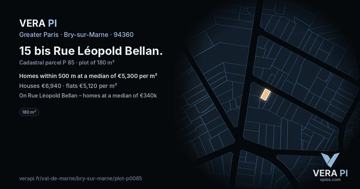 15 bis Rue Léopold Bellan, Bry-sur-Marne at night – the plot lit, the parcels around coloured by the prices near them