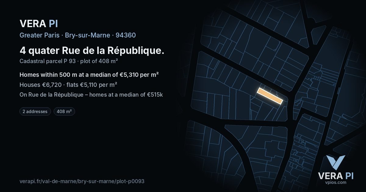 4 quater Rue de la République, Bry-sur-Marne at night – the plot lit, the parcels around coloured by the prices near them