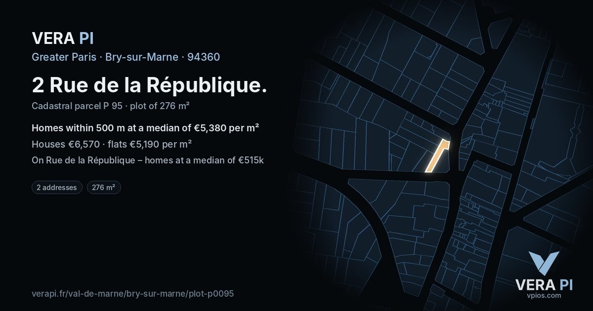 2 Rue de la République, Bry-sur-Marne at night – the plot lit, the parcels around coloured by the prices near them