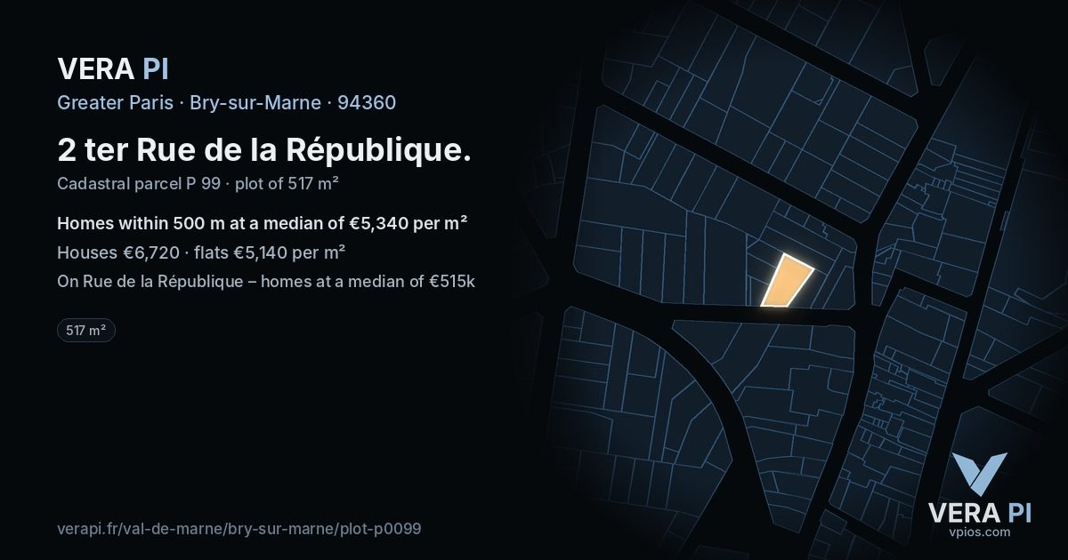 2 ter Rue de la République, Bry-sur-Marne at night – the plot lit, the parcels around coloured by the prices near them