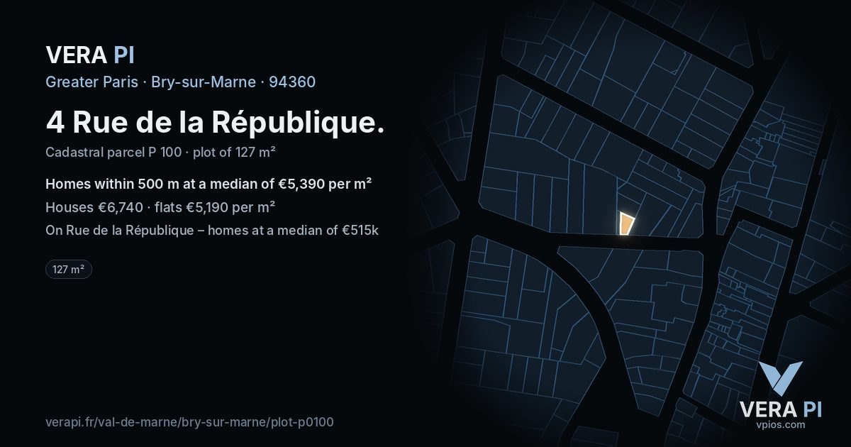 4 Rue de la République, Bry-sur-Marne at night – the plot lit, the parcels around coloured by the prices near them