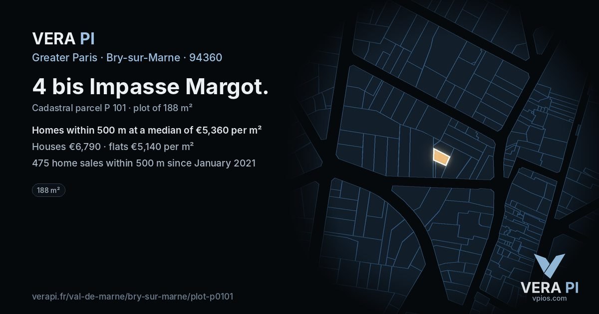 4 bis Impasse Margot, Bry-sur-Marne at night – the plot lit, the parcels around coloured by the prices near them