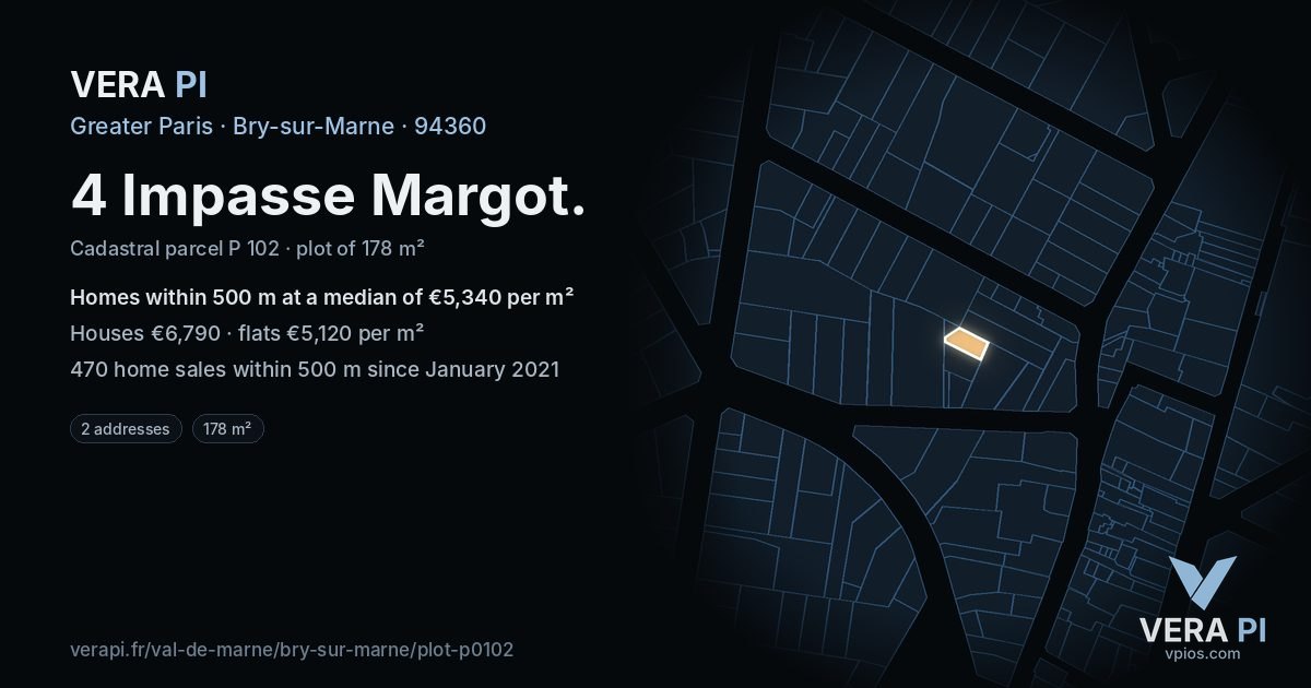 4 Impasse Margot, Bry-sur-Marne at night – the plot lit, the parcels around coloured by the prices near them