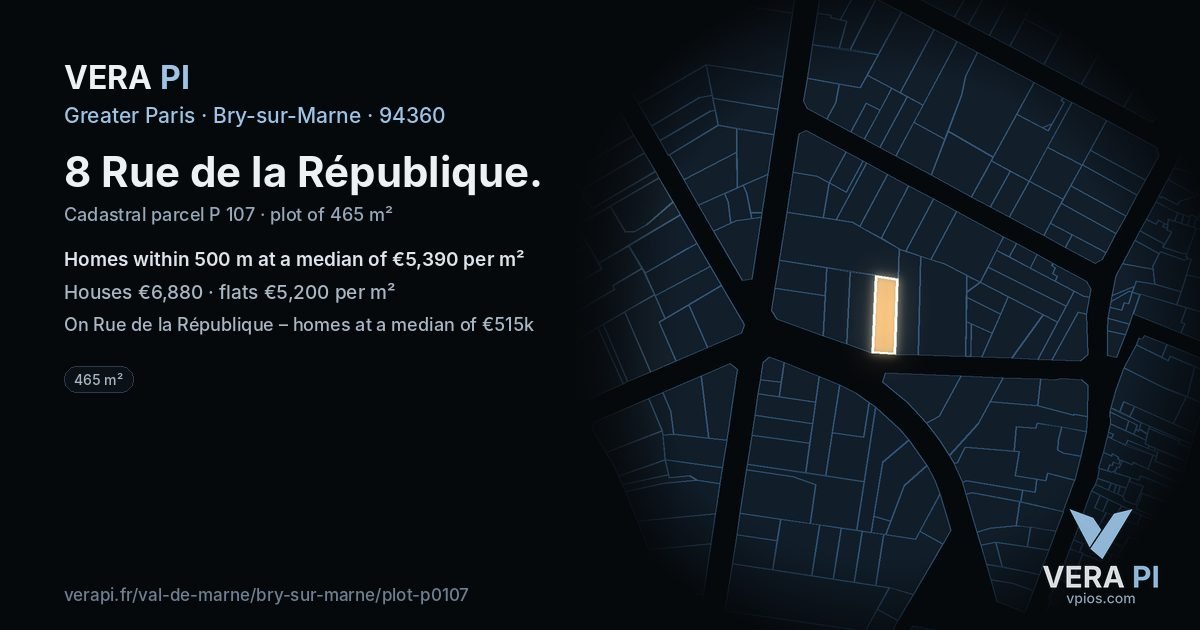 8 Rue de la République, Bry-sur-Marne at night – the plot lit, the parcels around coloured by the prices near them