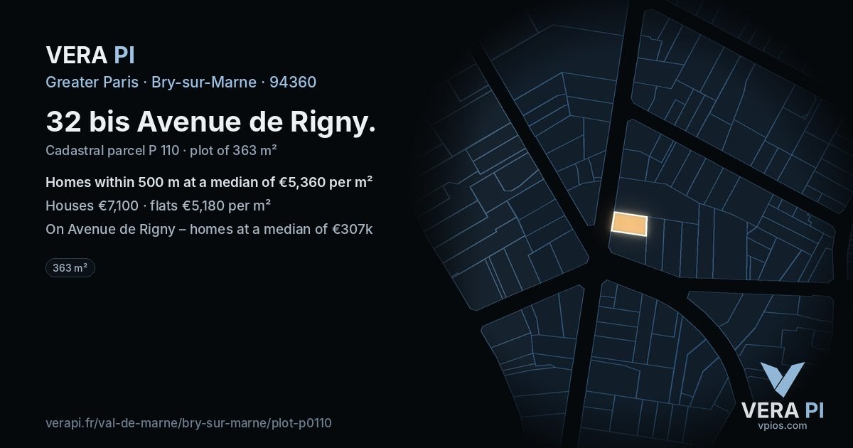32 bis Avenue de Rigny, Bry-sur-Marne at night – the plot lit, the parcels around coloured by the prices near them