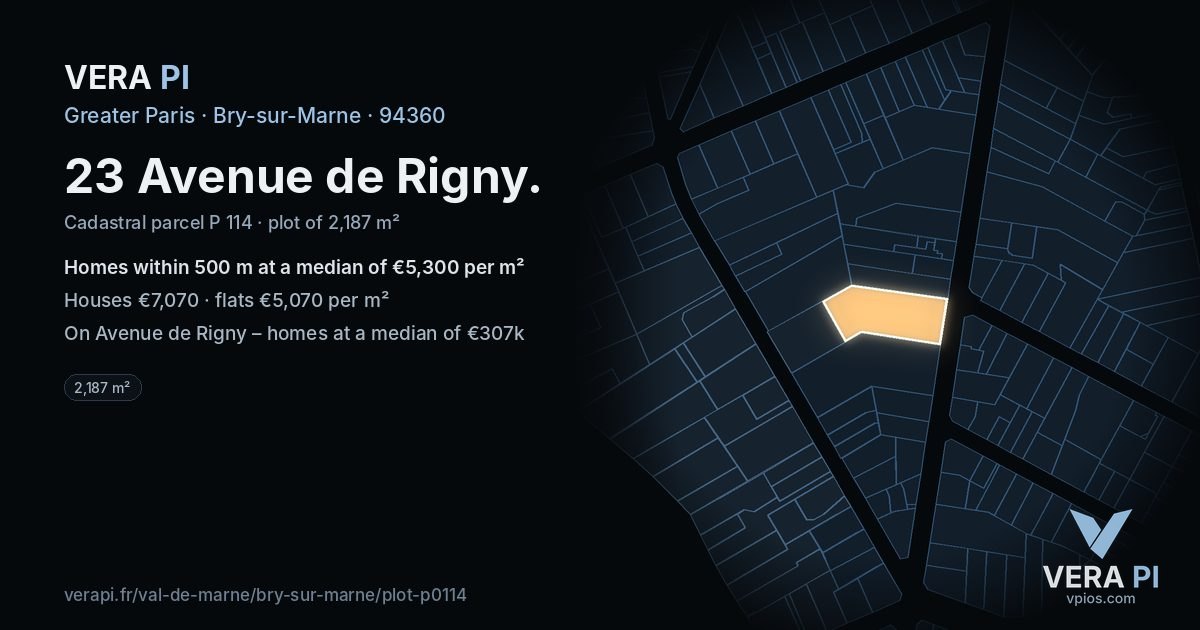 23 Avenue de Rigny, Bry-sur-Marne at night – the plot lit, the parcels around coloured by the prices near them