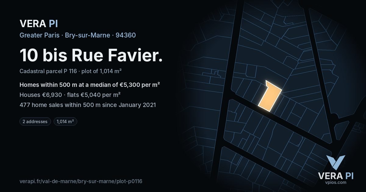 10 bis Rue Favier, Bry-sur-Marne at night – the plot lit, the parcels around coloured by the prices near them