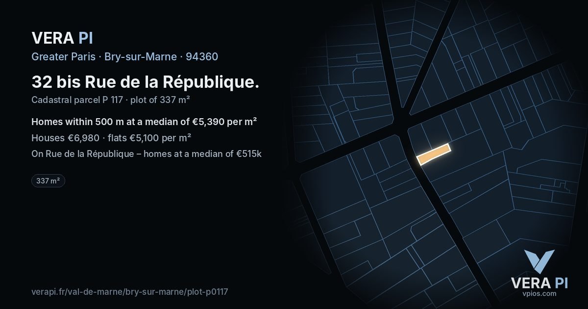 32 bis Rue de la République, Bry-sur-Marne at night – the plot lit, the parcels around coloured by the prices near them