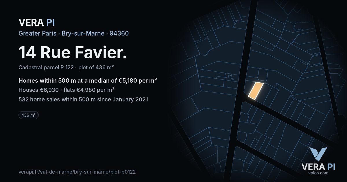 14 Rue Favier, Bry-sur-Marne at night – the plot lit, the parcels around coloured by the prices near them