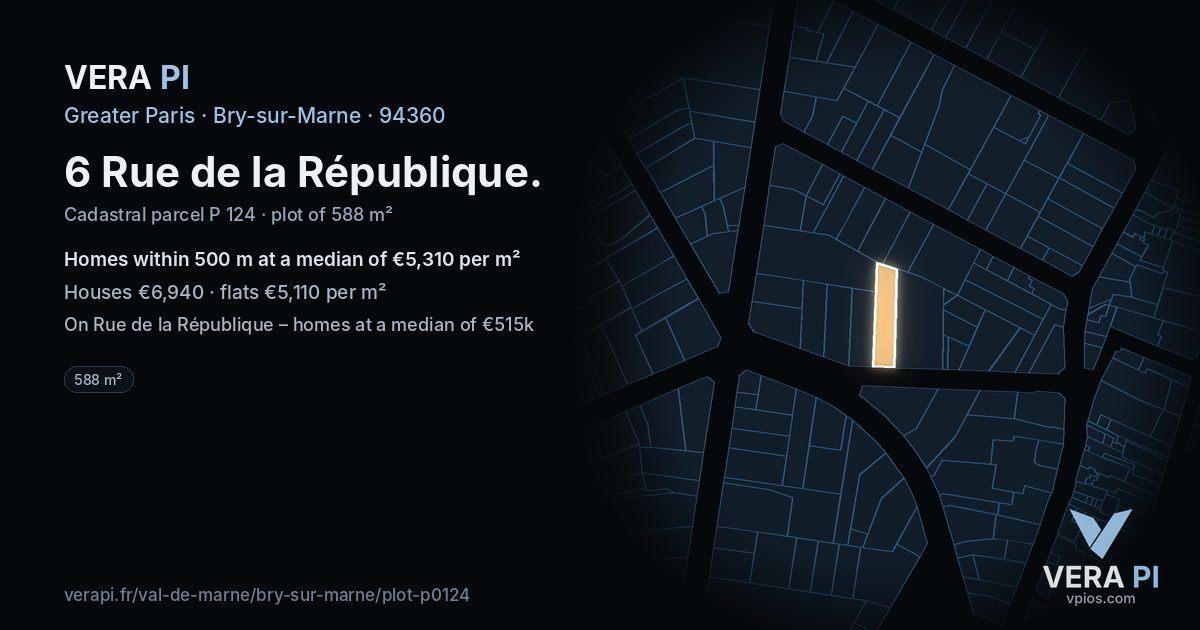 6 Rue de la République, Bry-sur-Marne at night – the plot lit, the parcels around coloured by the prices near them