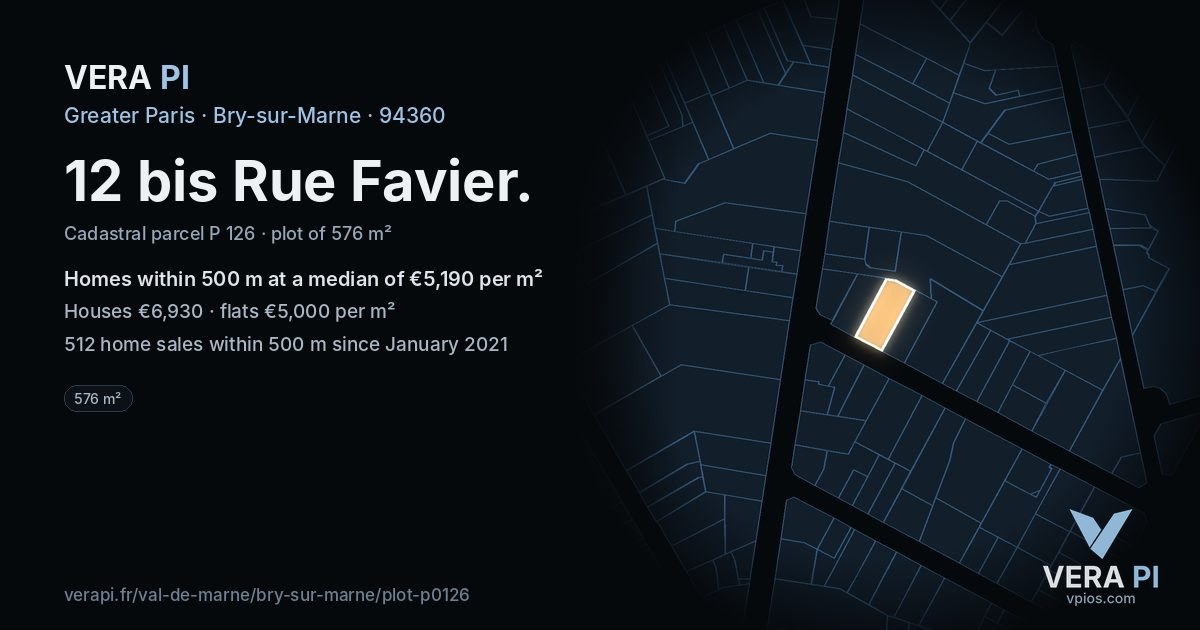 12 bis Rue Favier, Bry-sur-Marne at night – the plot lit, the parcels around coloured by the prices near them