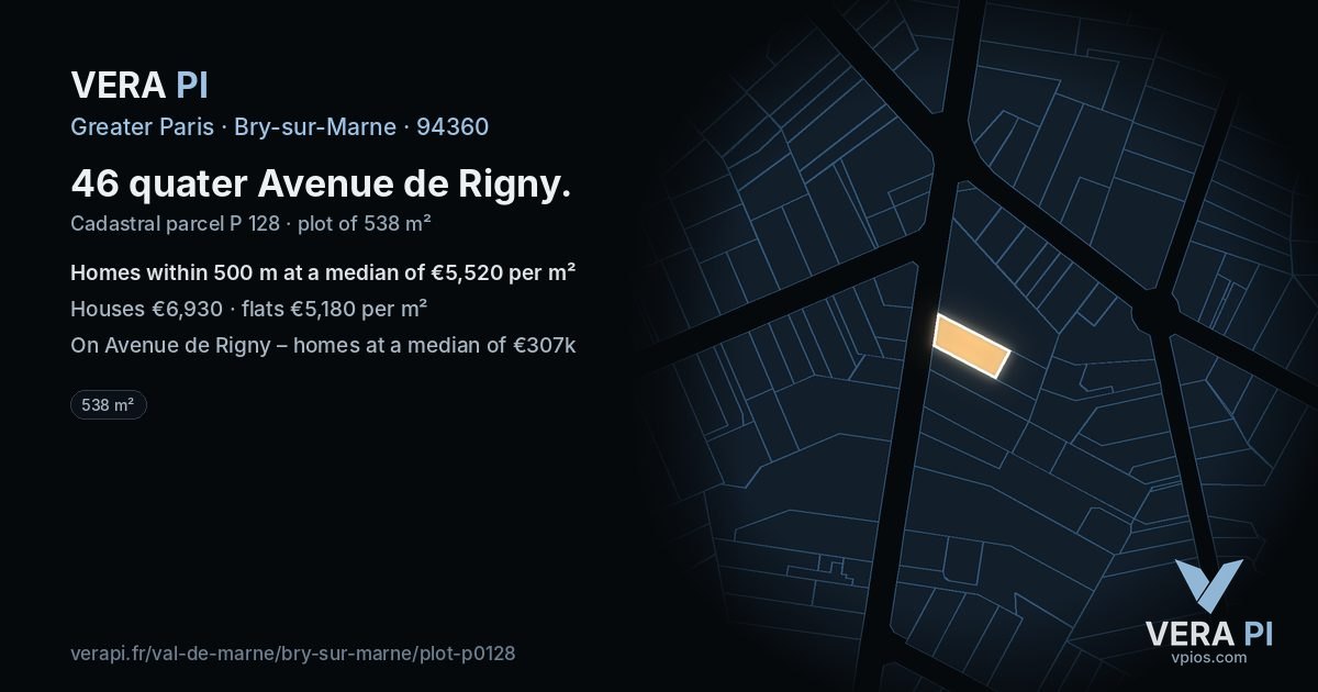 46 quater Avenue de Rigny, Bry-sur-Marne at night – the plot lit, the parcels around coloured by the prices near them