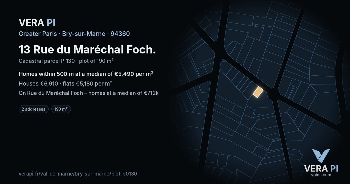 13 Rue du Maréchal Foch, Bry-sur-Marne at night – the plot lit, the parcels around coloured by the prices near them