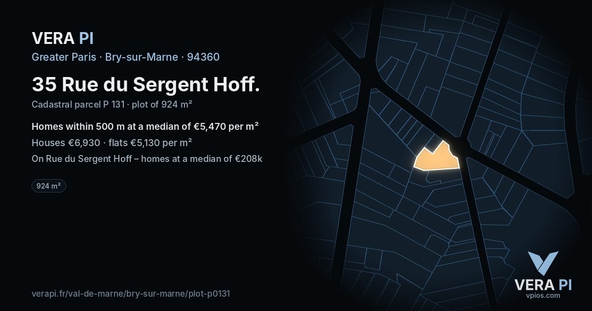 35 Rue du Sergent Hoff, Bry-sur-Marne at night – the plot lit, the parcels around coloured by the prices near them