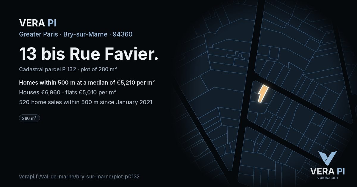 13 bis Rue Favier, Bry-sur-Marne at night – the plot lit, the parcels around coloured by the prices near them