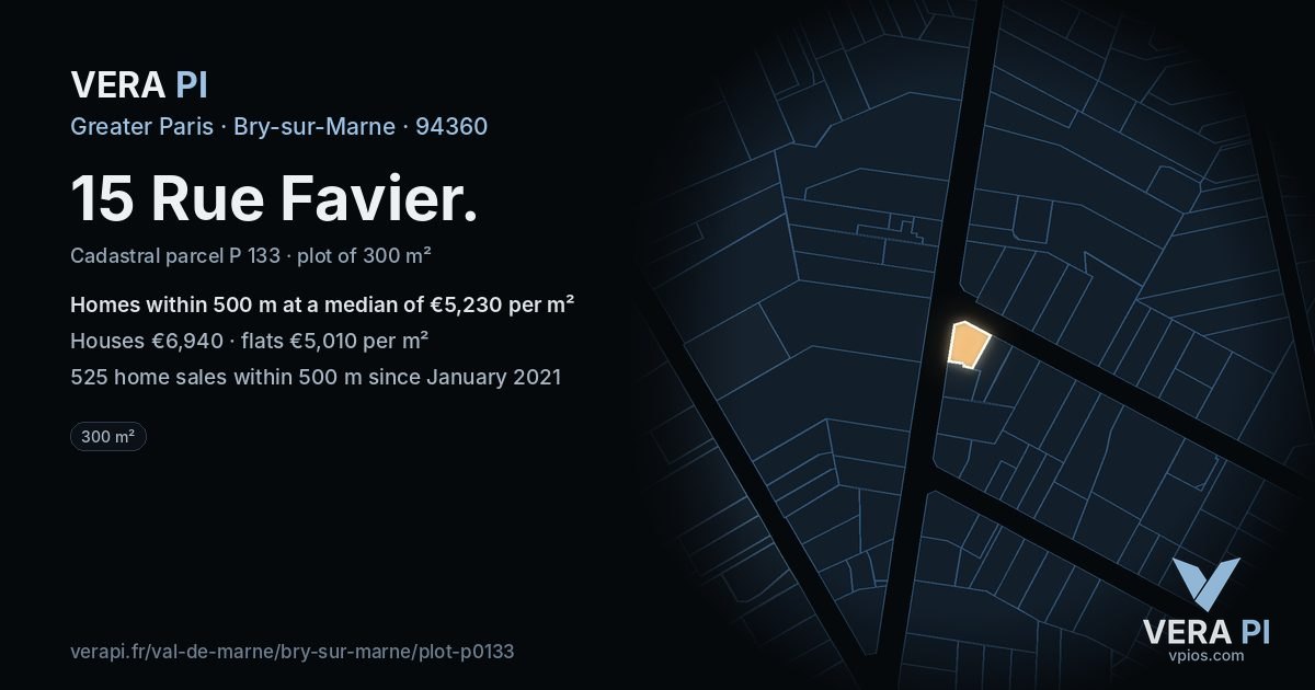 15 Rue Favier, Bry-sur-Marne at night – the plot lit, the parcels around coloured by the prices near them