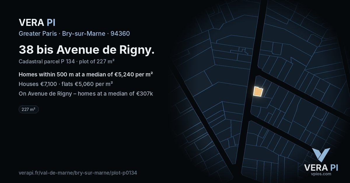 38 bis Avenue de Rigny, Bry-sur-Marne at night – the plot lit, the parcels around coloured by the prices near them