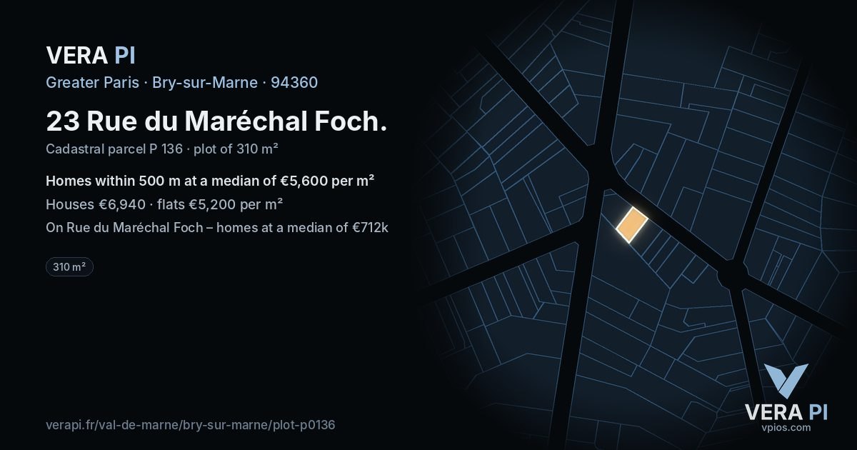 23 Rue du Maréchal Foch, Bry-sur-Marne at night – the plot lit, the parcels around coloured by the prices near them