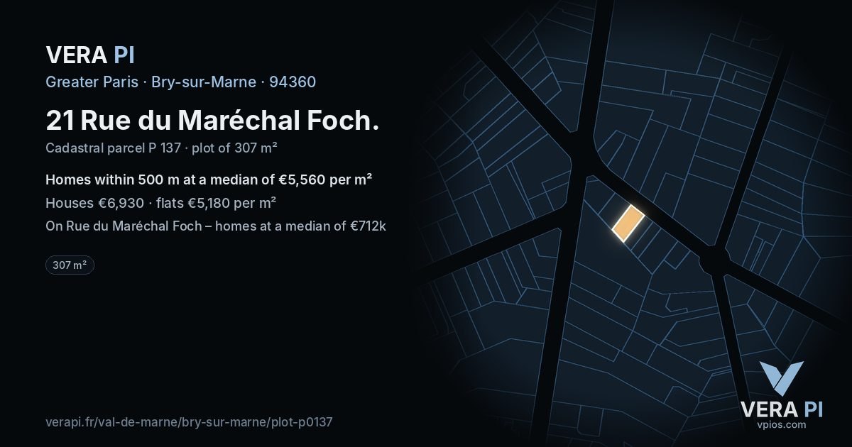 21 Rue du Maréchal Foch, Bry-sur-Marne at night – the plot lit, the parcels around coloured by the prices near them
