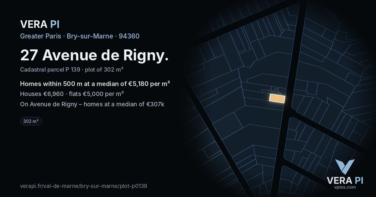 27 Avenue de Rigny, Bry-sur-Marne at night – the plot lit, the parcels around coloured by the prices near them