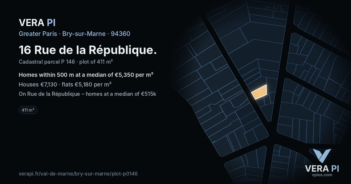 16 Rue de la République, Bry-sur-Marne at night – the plot lit, the parcels around coloured by the prices near them