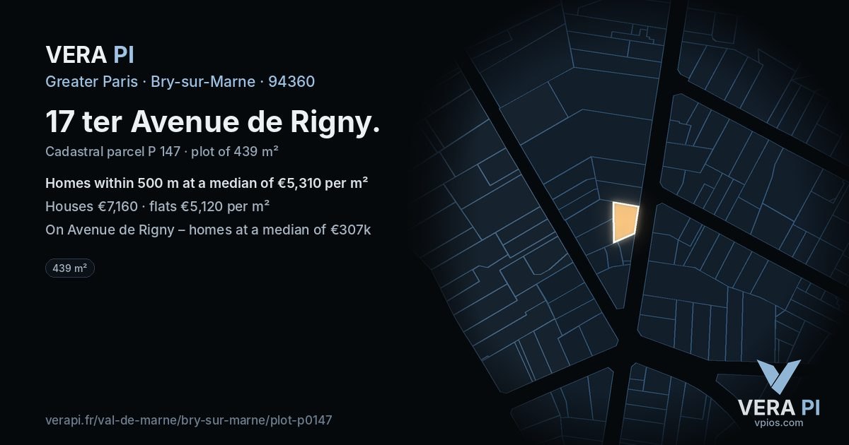 17 ter Avenue de Rigny, Bry-sur-Marne at night – the plot lit, the parcels around coloured by the prices near them