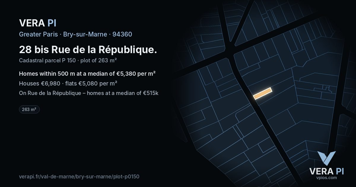 28 bis Rue de la République, Bry-sur-Marne at night – the plot lit, the parcels around coloured by the prices near them