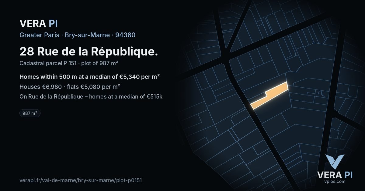 28 Rue de la République, Bry-sur-Marne at night – the plot lit, the parcels around coloured by the prices near them