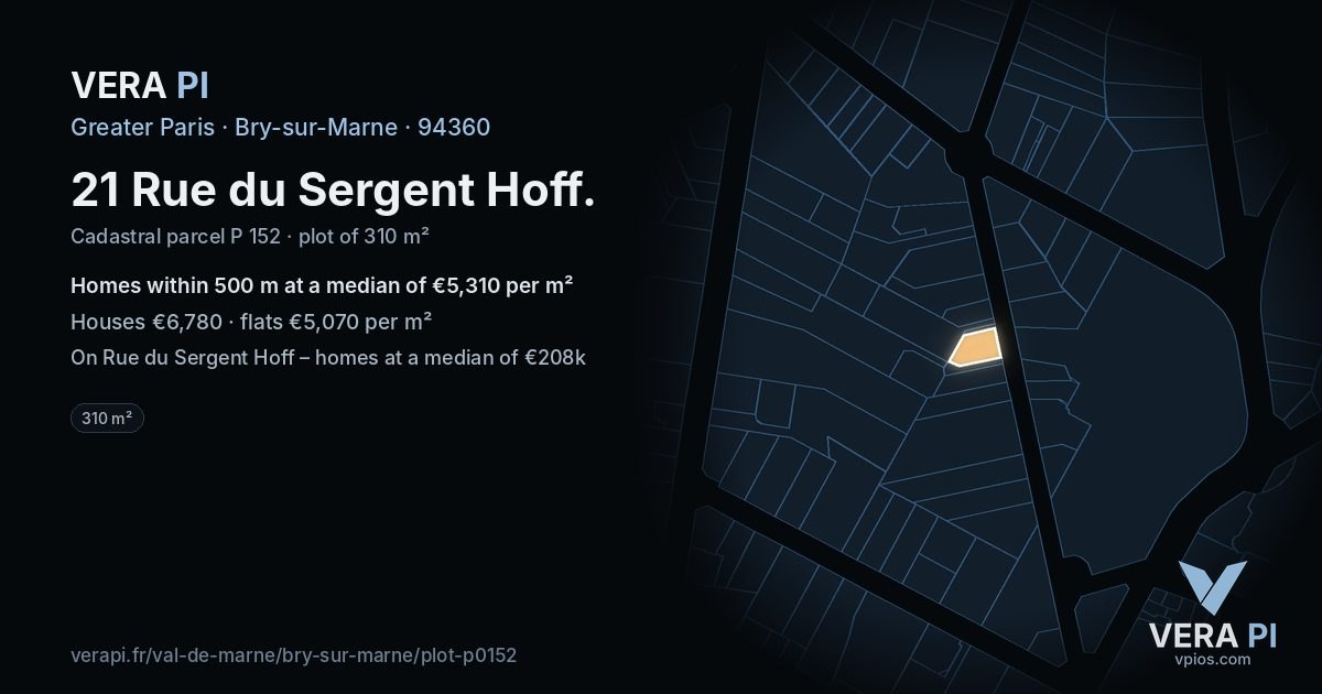21 Rue du Sergent Hoff, Bry-sur-Marne at night – the plot lit, the parcels around coloured by the prices near them