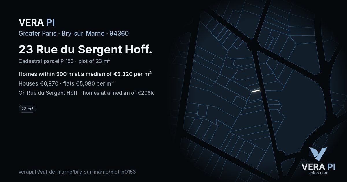 23 Rue du Sergent Hoff, Bry-sur-Marne at night – the plot lit, the parcels around coloured by the prices near them