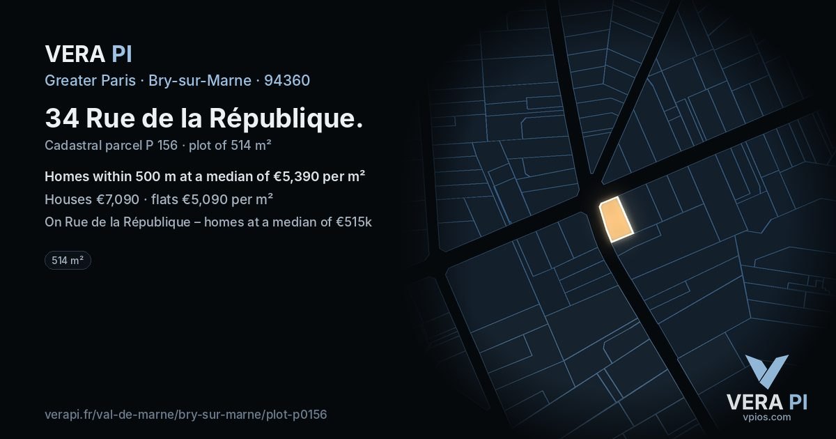 34 Rue de la République, Bry-sur-Marne at night – the plot lit, the parcels around coloured by the prices near them