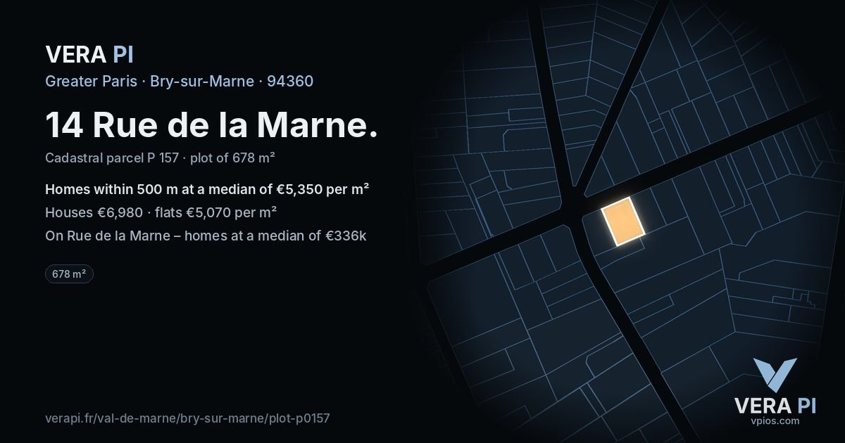 14 Rue de la Marne, Bry-sur-Marne at night – the plot lit, the parcels around coloured by the prices near them