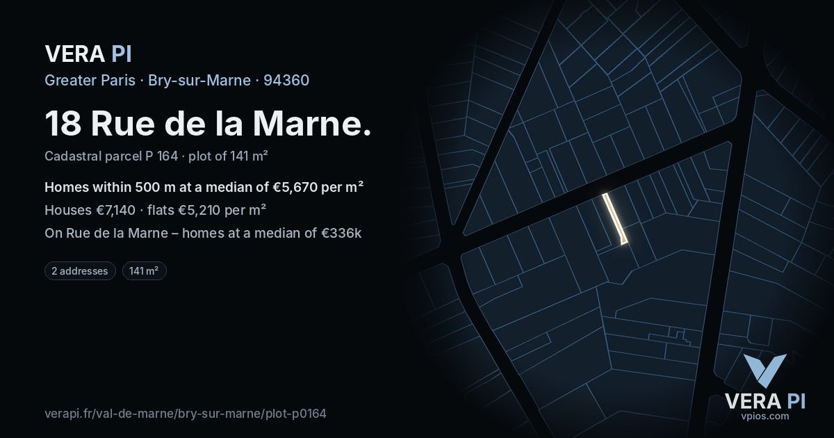 18 Rue de la Marne, Bry-sur-Marne at night – the plot lit, the parcels around coloured by the prices near them