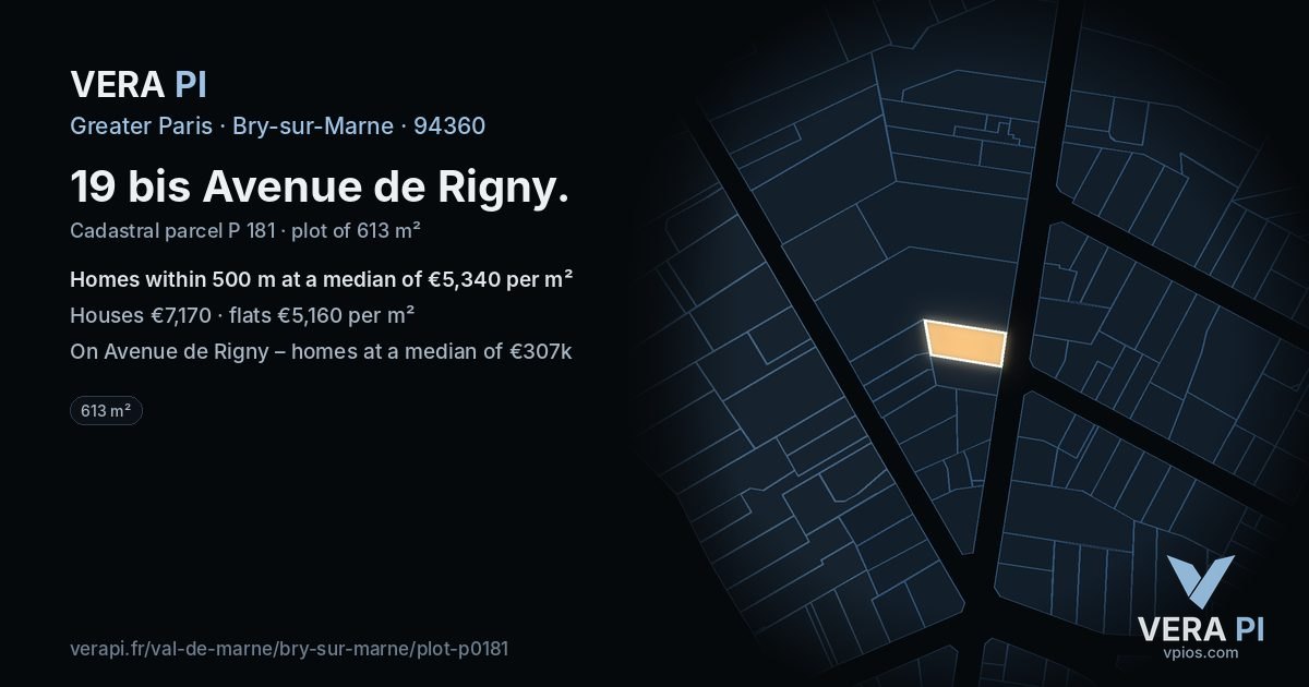 19 bis Avenue de Rigny, Bry-sur-Marne at night – the plot lit, the parcels around coloured by the prices near them